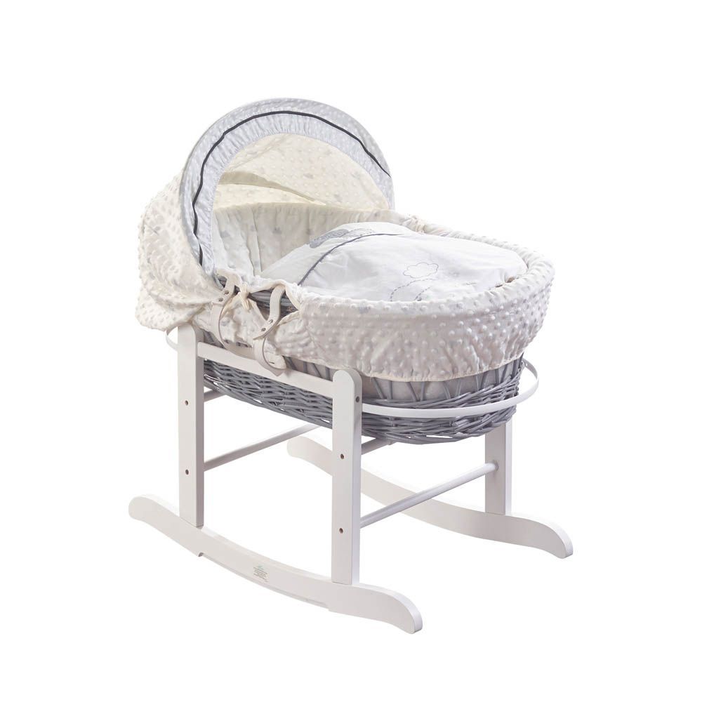 Grey and white moses basket store with stand