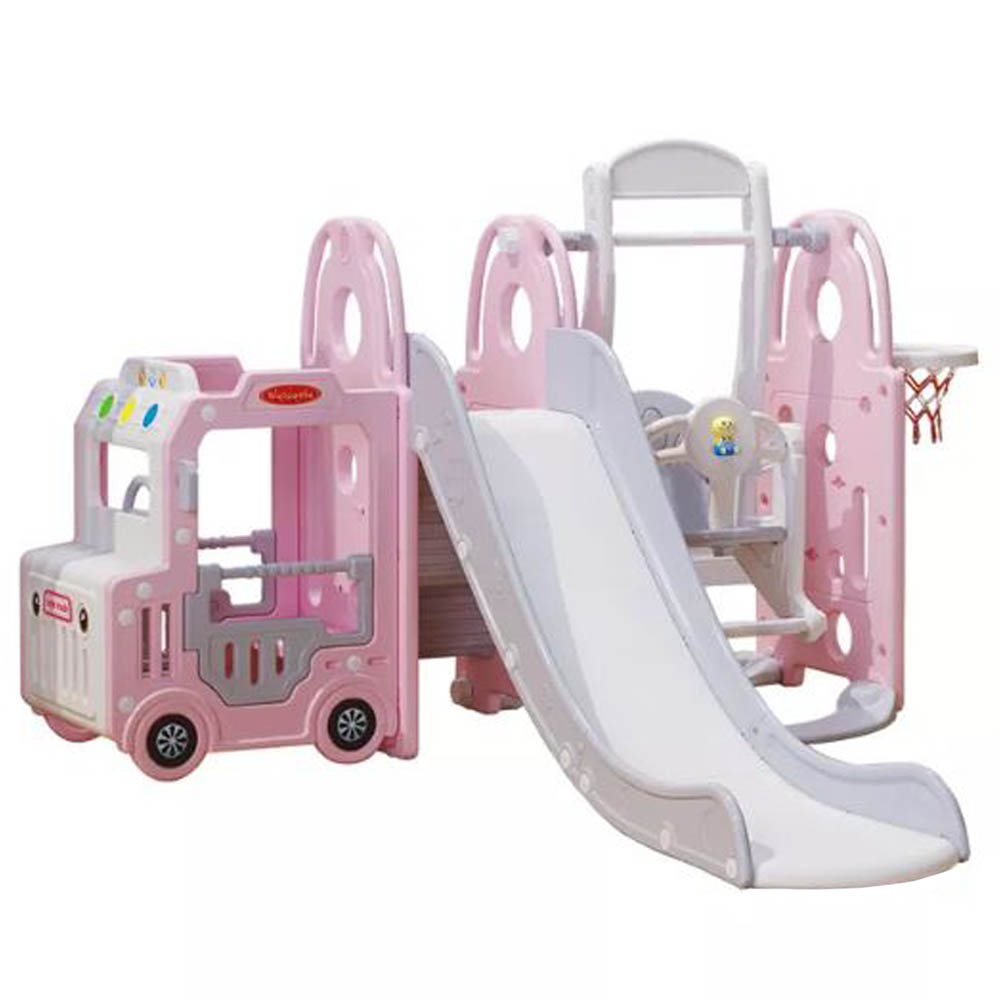 Megastar - 5-in-1 Kids Slide & Swing Set Bus Playhouse - Pink- Babystore.ae