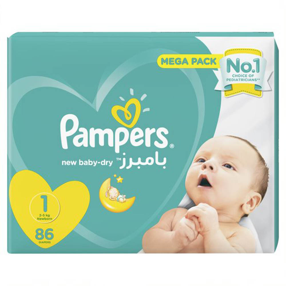 Pampers New BabyDry Diapers, Size 1, Newborn, 25 Kg, Mega Pack 86