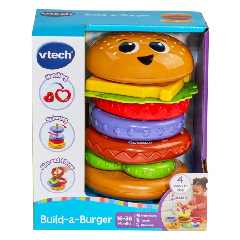 VTech - Baby Build-a-Burger – Stacking & Sorting Toy with 6 Food Pieces, Shape Matching, Spinning & Color Play | for Babies 18–24 Months+