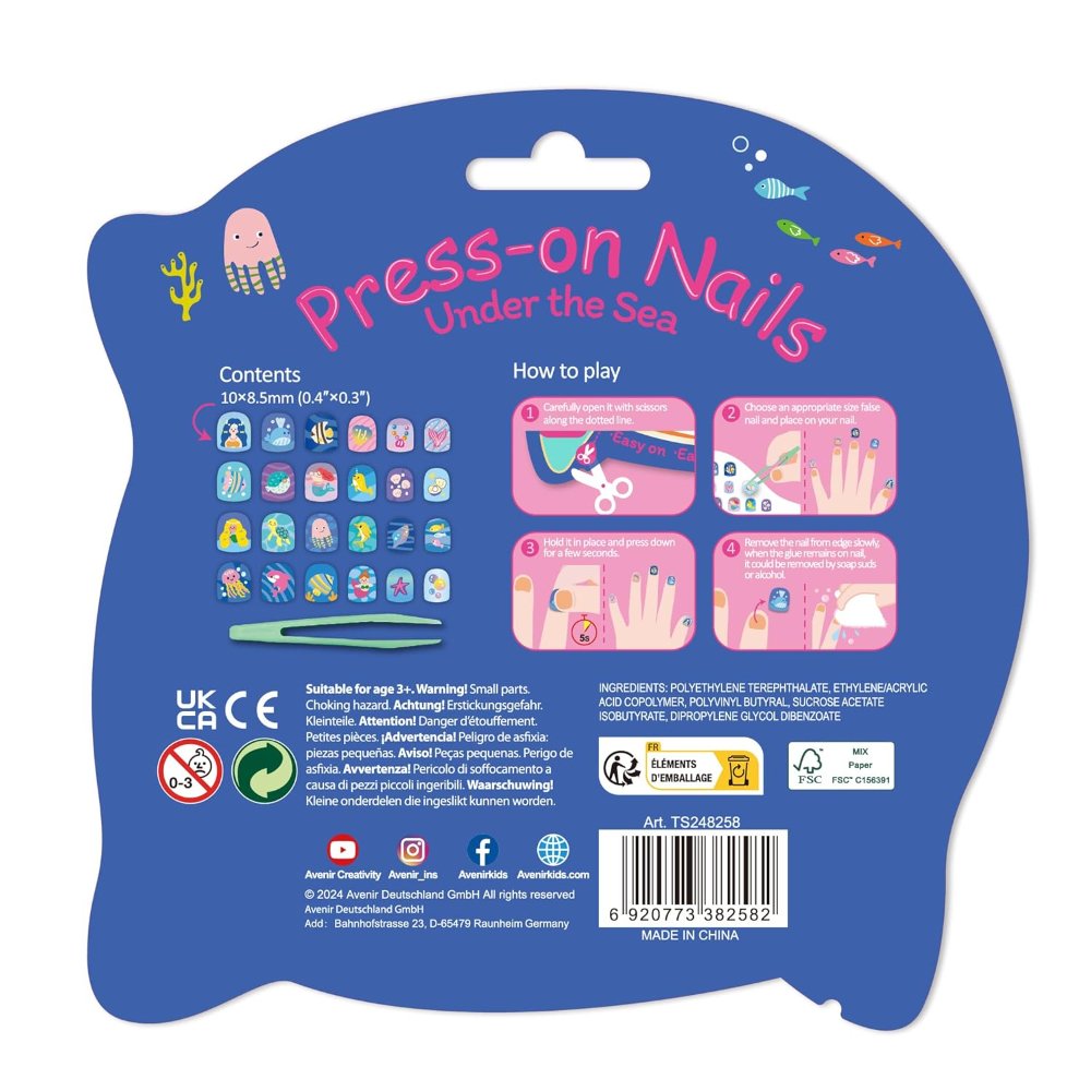 Avenir – Fancy Me Press-On Nails for Kids – Under the Sea | 24 Pre-Glued Artificial Nails with Tweezer | Easy Apply & Remove | Fun Nail Art Kit for Girls & Gift Set