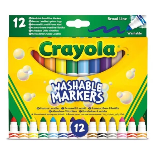 Crayola -Washable Broad Line Markers – 12 Vibrant Colours | Durable Fibre-Tip Pens for Kids Drawing, Colouring & School Art Projects | Easy Washable Ink