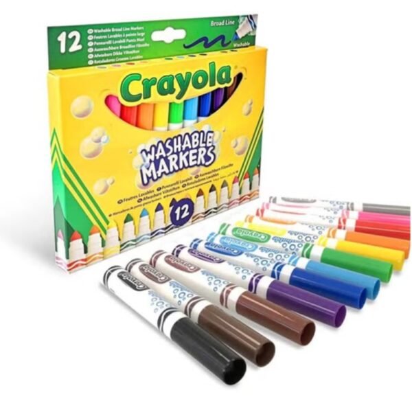 Crayola -Washable Broad Line Markers – 12 Vibrant Colours | Durable Fibre-Tip Pens for Kids Drawing, Colouring & School Art Projects | Easy Washable Ink