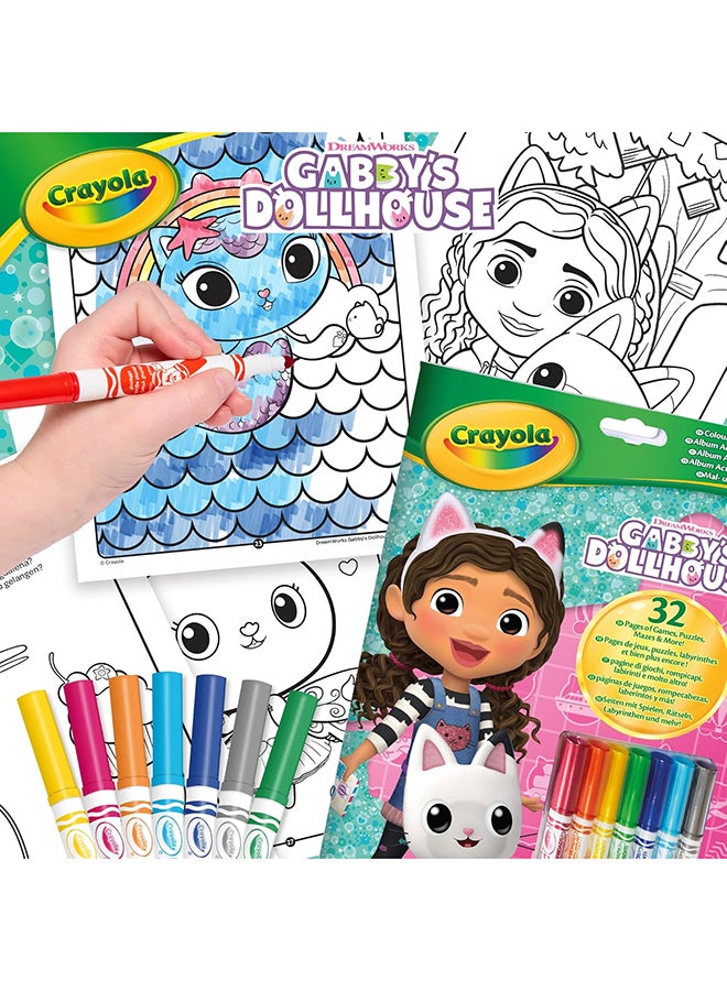 Crayola - Gabby's Dollhouse Album Activity and Colouring, 32 Colouring Pages and 7 Washable Mini Felt Tip Pens | Ideal Gift for Ages 3+