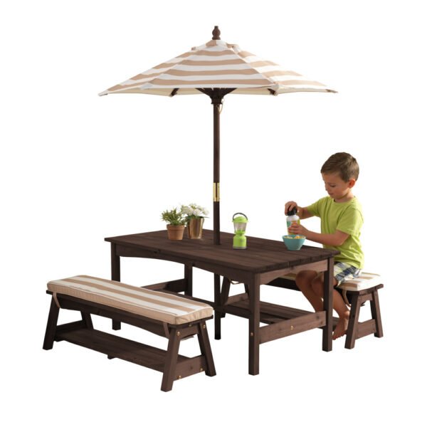 KidKraft Kids Outdoor Wooden Table and Bench Set – Oatmeal & White Stripe Patio Furniture