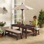 KidKraft Kids Outdoor Wooden Table and Bench Set – Oatmeal & White Stripe Patio Furniture