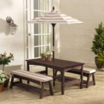 KidKraft Kids Outdoor Wooden Table and Bench Set – Oatmeal & White Stripe Patio Furniture