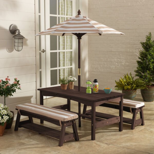 KidKraft Kids Outdoor Wooden Table and Bench Set – Oatmeal & White Stripe Patio Furniture