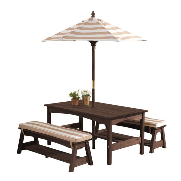 KidKraft Kids Outdoor Wooden Table and Bench Set – Oatmeal & White Stripe Patio Furniture