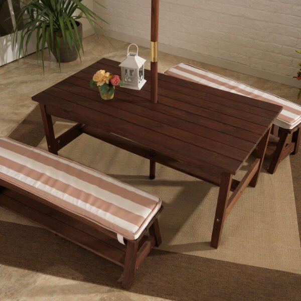 KidKraft Kids Outdoor Wooden Table and Bench Set – Oatmeal & White Stripe Patio Furniture