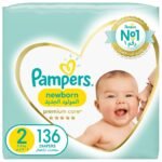 Pampers – Premium Care Diapers, Size 2, Mini, 3-8 Kg, Super Saver Pack – 136 Count