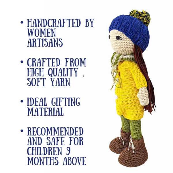Happy Threads – Handmade Cheted Kelly Doll (12 inch) – Yellow | Crochet Toys | Child Safe | for Babies 6 Months & Above | Dolls for Boys/Girls| for Birthday Gift | Decorative Items for Room