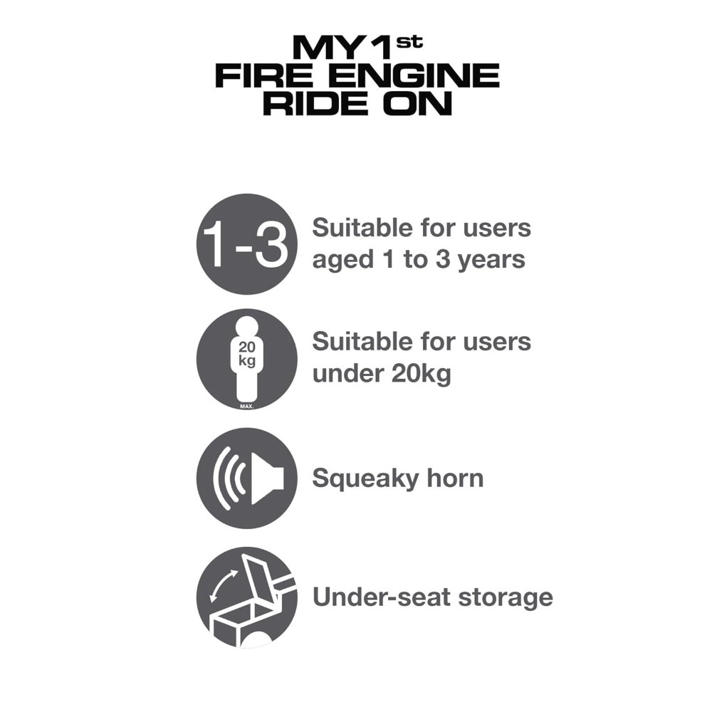 My First Foot to Floor Fire Engine – Multicolour | Toddler Walker Foot to Floor Slider | Hidden Storage Space, Moveable Steering Wheel & Squeaky Horn | Pre-School & Nursery Walking Aid | Ages 1+ (Fire Engine)