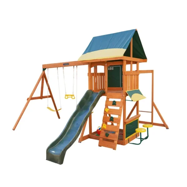 KidKraft Brightside Wooden Swing Set & Playset – Outdoor Playground with Swing, Slide, and Climbing Features