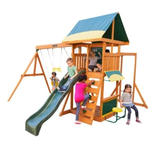 KidKraft Brightside Wooden Swing Set & Playset – Outdoor Playground with Swing, Slide, and Climbing Features