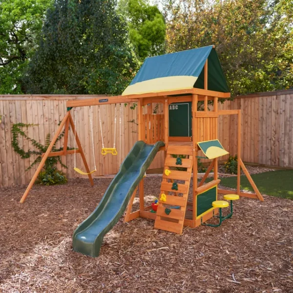 KidKraft Brightside Wooden Swing Set & Playset – Outdoor Playground with Swing, Slide, and Climbing Features