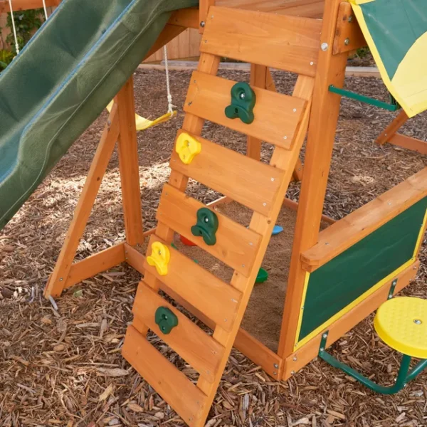 KidKraft Brightside Wooden Swing Set & Playset – Outdoor Playground with Swing, Slide, and Climbing Features