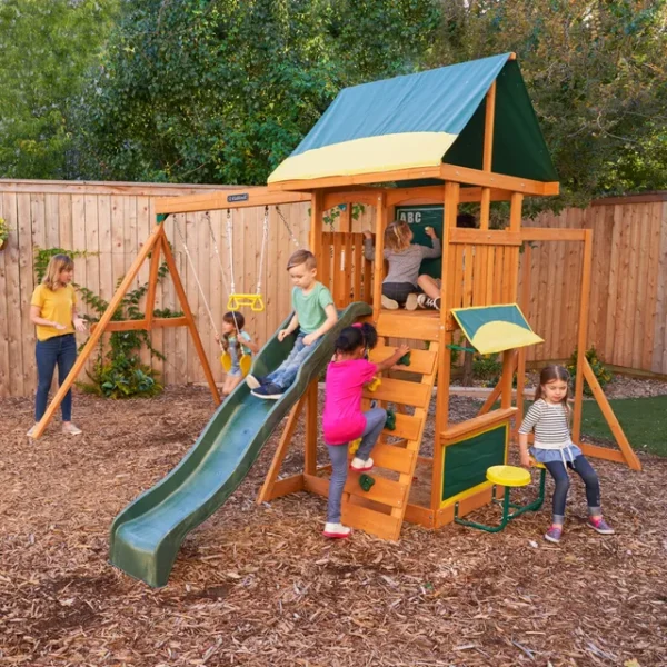 KidKraft Brightside Wooden Swing Set & Playset – Outdoor Playground with Swing, Slide, and Climbing Features