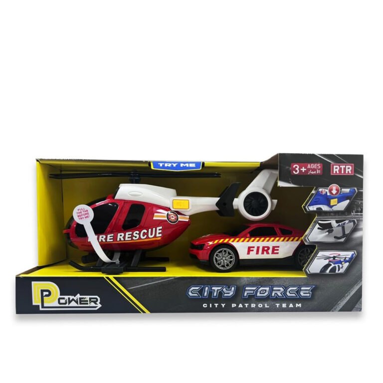 D-Power - City Force Fire Rescue Playset - 1:14 Scale Helicopter & Sports Car (Red)