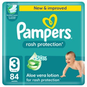 Pampers - Rash Protection Taped Diapers, Size 3, 6-10kg, +50% Aloe Vera Lotion for Rash Protection, 3x Fortified Layers for Leakage Protection, Giant Pack, 84 Count