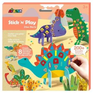 Avenir – Stick ‘N Play Series – Dino World | 200+ Reusable Stickers for Endless Fun! Create Play Scenes with 8 Illustrated Theme Cards, Make Your Own Animal Figures | For Kids 3+