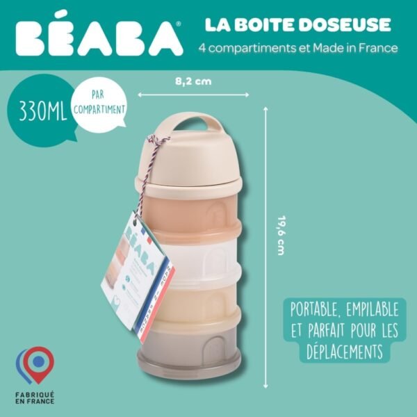 Beaba Formula Milk Dispenser Container 4 Compartments – Clay Translucent – Baby Powder Storage & Travel Container