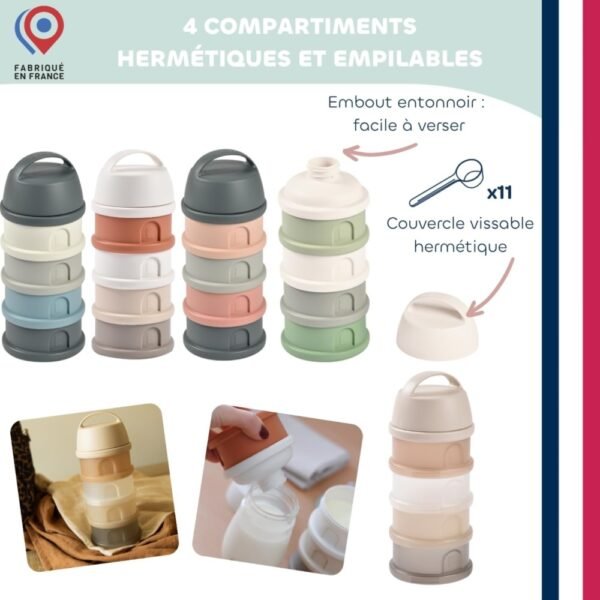 Beaba Formula Milk Dispenser Container 4 Compartments – Clay Translucent – Baby Powder Storage & Travel Container