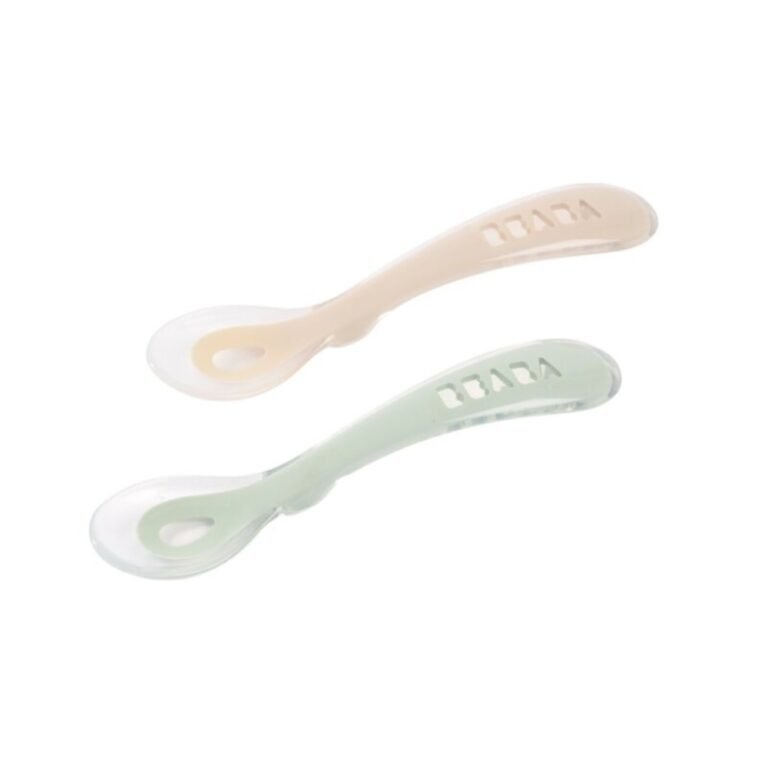 Beaba Set of 2 Second Stage Silicone Baby Spoons with Carrying Case – Toddler Feeding Spoons Clay Misty Green