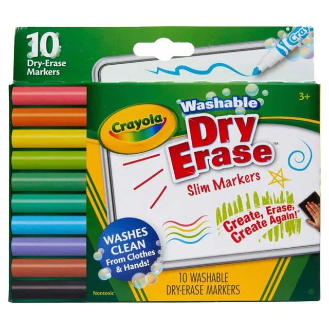 Crayola - 10 Ct Slim Dry-Erase Markers, Washable