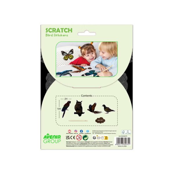 Avenir – Scratch Stickers -Bird Multicolour | Decorate and colour the 4 ferocious stickers with scratch art | For ages 3 years+