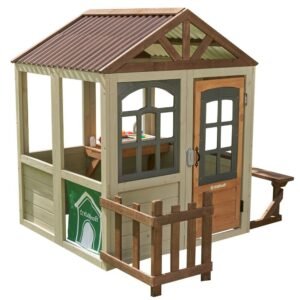 KidKraft Pioneer Cottage Wooden Playhouse – Outdoor Toy for Kids, Playhouse with Porch