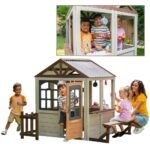 KidKraft Pioneer Cottage Wooden Playhouse – Outdoor Toy for Kids, Playhouse with Porch