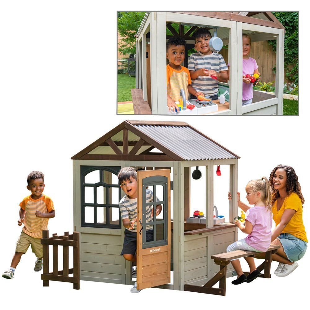 KidKraft Pioneer Cottage Wooden Playhouse – Outdoor Toy for Kids, Playhouse with Porch