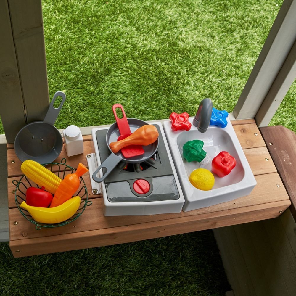 KidKraft Pioneer Cottage Wooden Playhouse – Outdoor Toy for Kids, Playhouse with Porch