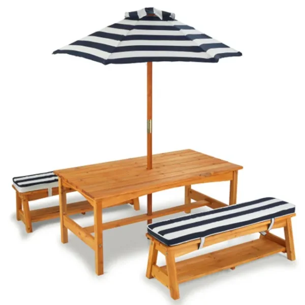 KidKraft Outdoor Wooden Table & Bench Set with Cushions & Umbrella – Kids Patio Furniture
