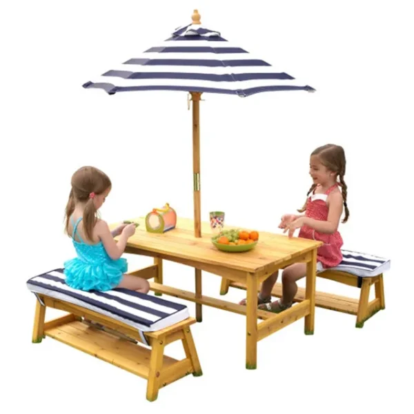 KidKraft Outdoor Wooden Table & Bench Set with Cushions & Umbrella – Kids Patio Furniture