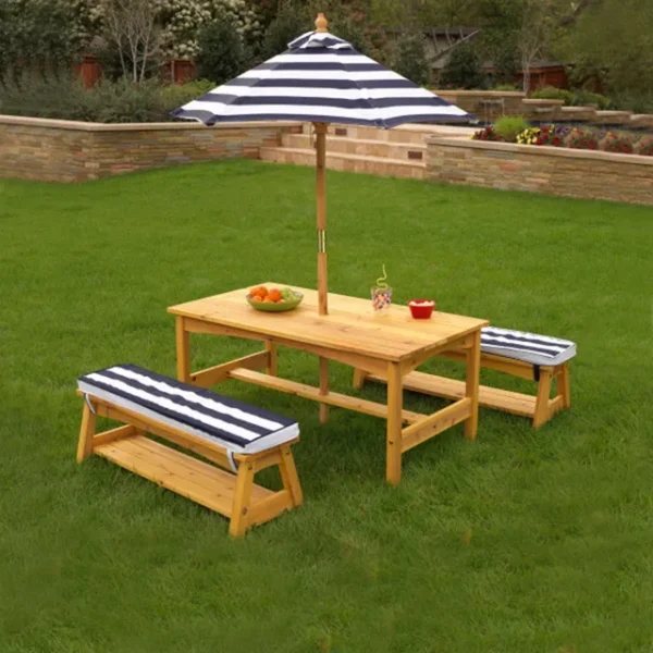 KidKraft Outdoor Wooden Table & Bench Set with Cushions & Umbrella – Kids Patio Furniture