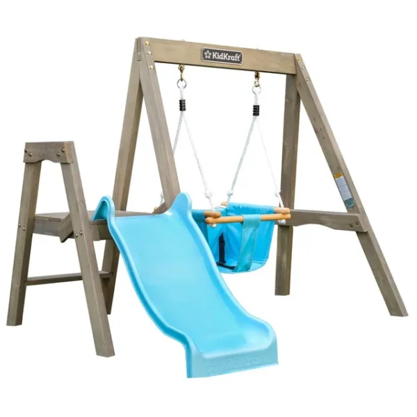 KidKraft First Play Wooden Swing Set – Outdoor Kids Swing with Slide & Safety Features