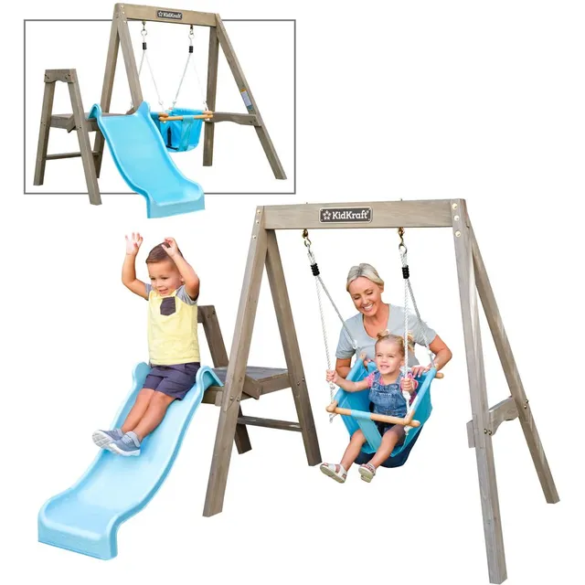 KidKraft First Play Wooden Swing Set - Outdoor Kids Swing with Slide & Safety Features