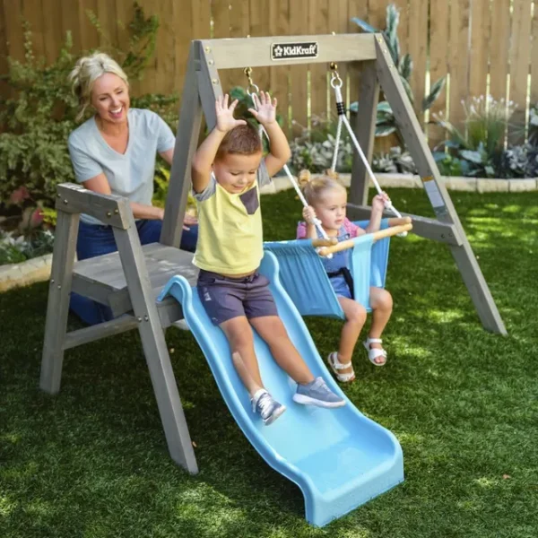 KidKraft First Play Wooden Swing Set – Outdoor Kids Swing with Slide & Safety Features