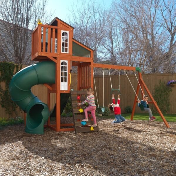 KidKraft Austin Outdoor Wooden Swing Set & Slide Playset – Backyard Playground for Kids