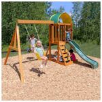 KidKraft Ainsley Outdoor Swing Playset – Wooden Playset with Swings, Slide & Climbing Wall
