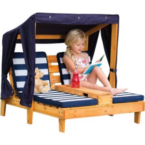KidKraft - Double Chaise Lounge With Cup Holder - Honey & Navy Blue