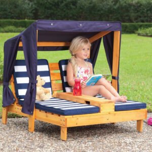 KidKraft - Double Chaise Lounge With Cup Holder - Honey & Navy Blue