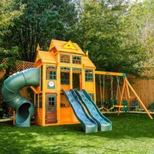 KidKraft Falcon Ridge Swing Set – Outdoor Playset with Slide, Swings & Climbing Wall