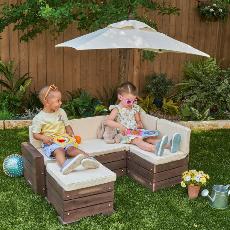 KidKraft Kids Outdoor Sectional Sofa Set with Ottoman and Umbrella - Bear Brown Patio Furniture