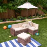 KidKraft Kids Outdoor Sectional Sofa Set with Ottoman and Umbrella – Bear Brown Patio Furniture