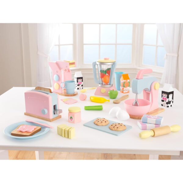 KidKraft Pastel Toaster Set – Wooden Pretend Play Kitchen Toy with 8 Pieces