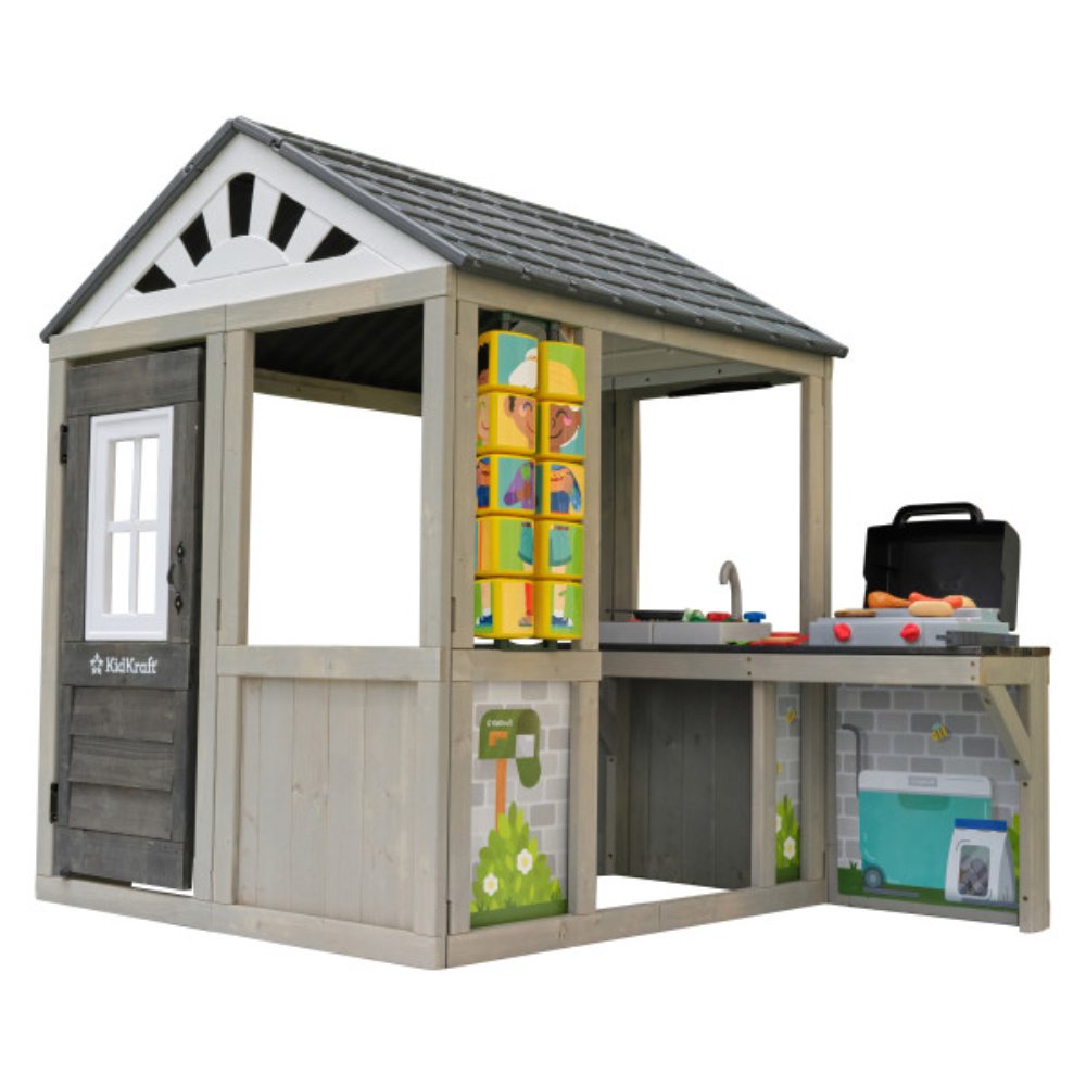 KidKraft Patio Party Wooden Outdoor Playhouse with Grill, Canopy & Play Accessories