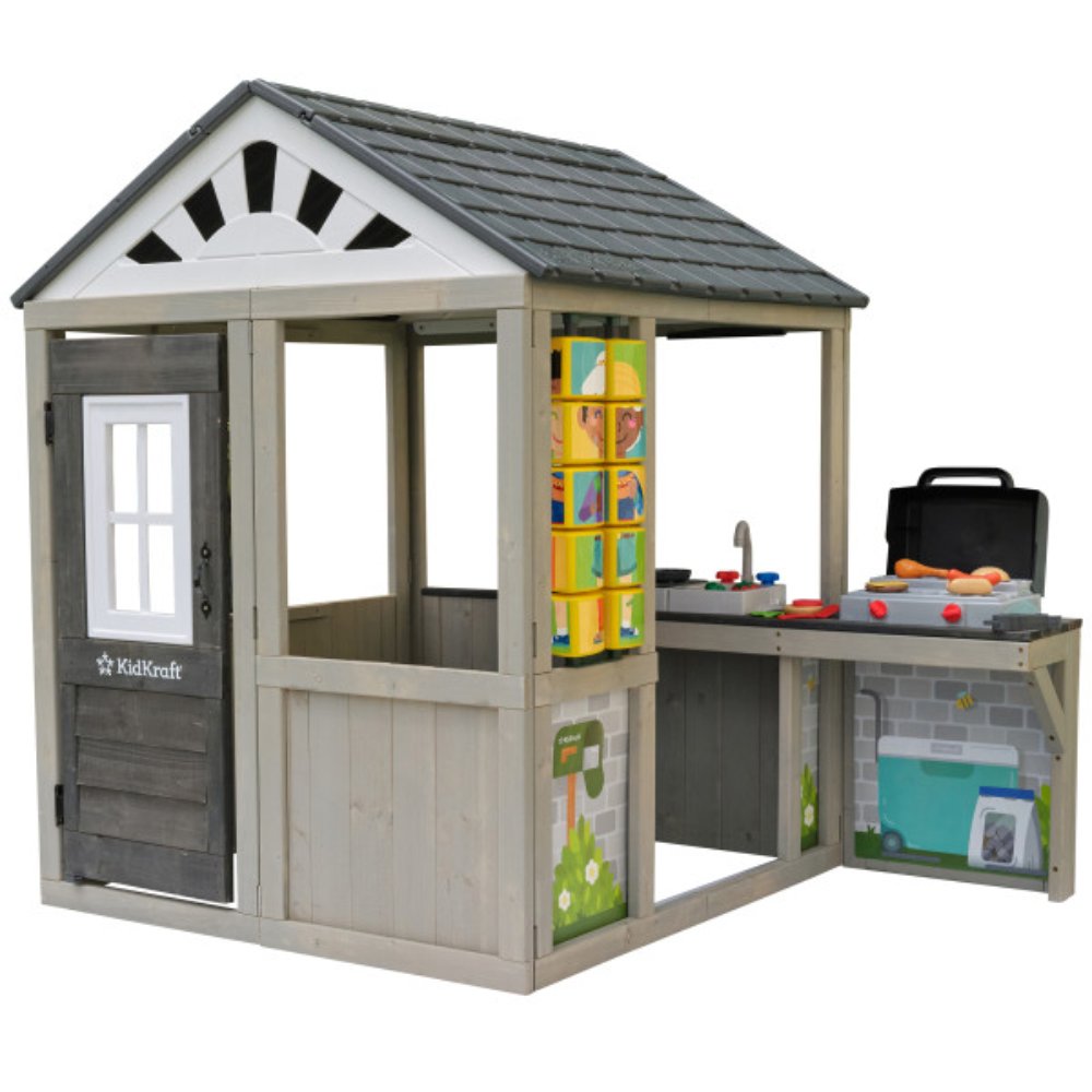KidKraft Patio Party Wooden Outdoor Playhouse with Grill, Canopy & Play Accessories